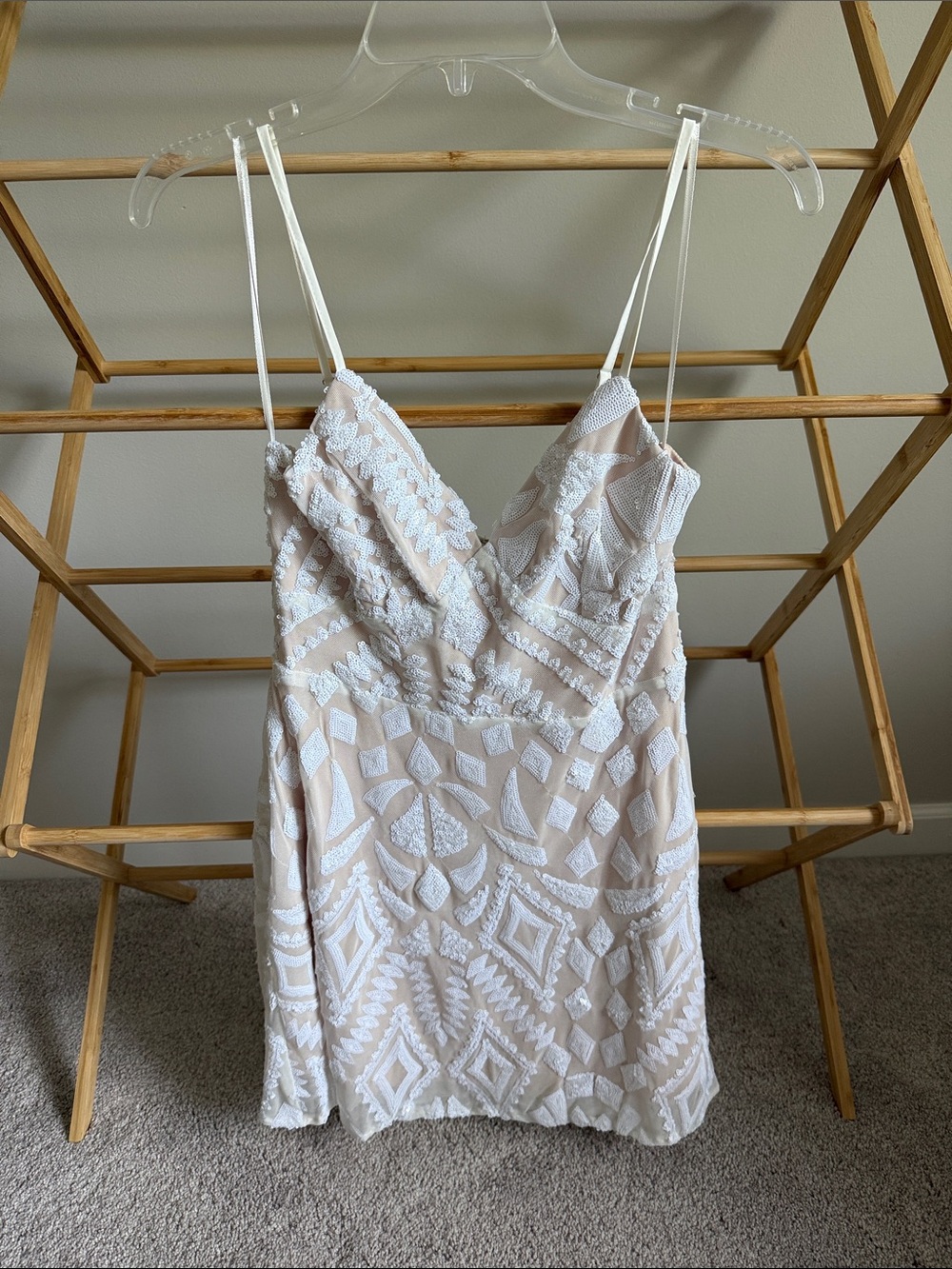 Superdown Nude Dress with White Sequin Lace Overlay